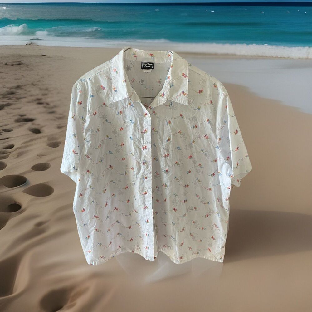 Vintage Southern Lady White Embroidered Floral Blouse Size 26W‎ Plus Semi-Sheer